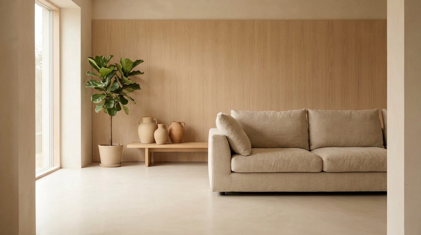 Minimal warm living room with oak plywood wall panelling and a linen sofa