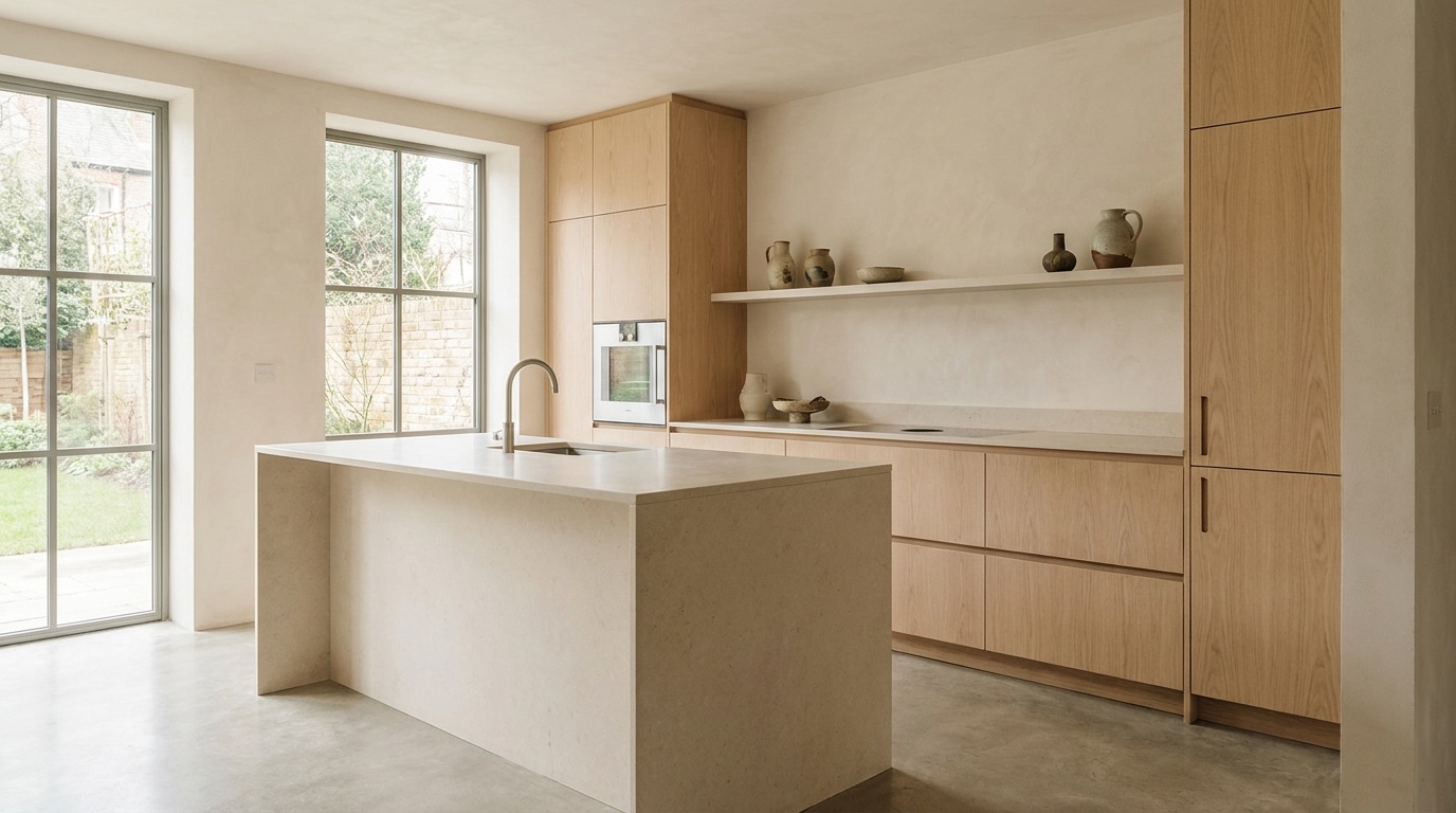 Minimal light oak kitchen with a matte stone island and integrated appliances