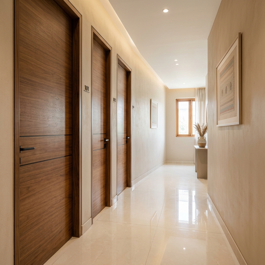 Flush door in a real residential corridor with natural daylight