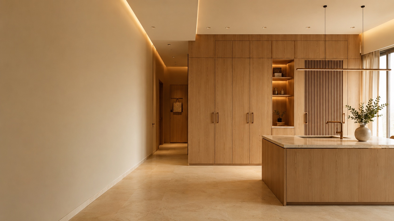 Modern oak interior with cove lighting