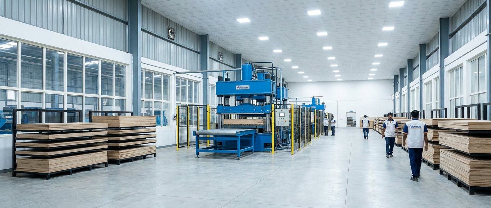 Inside the Lennor plant — the hot press at work under bright factory lighting