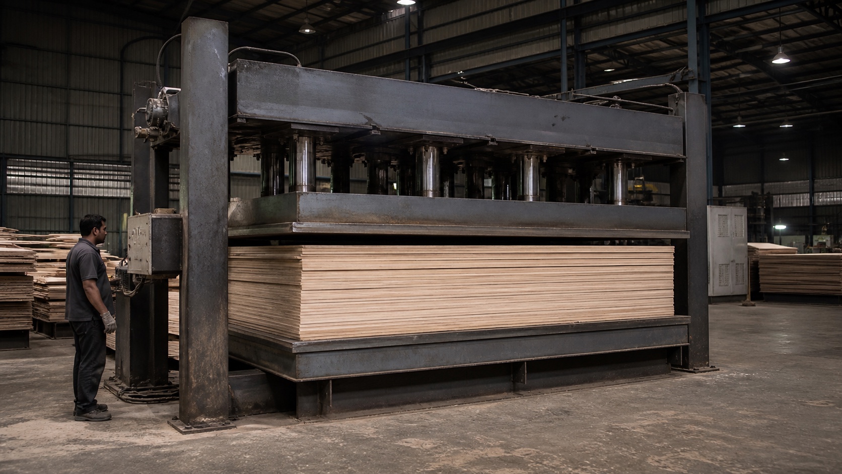 Hydraulic core dry press flattening dried veneer sheets